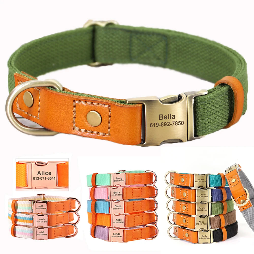 ✨ Personalized Nylon & Leather Dog Collar – Free Custom Engraving Included!