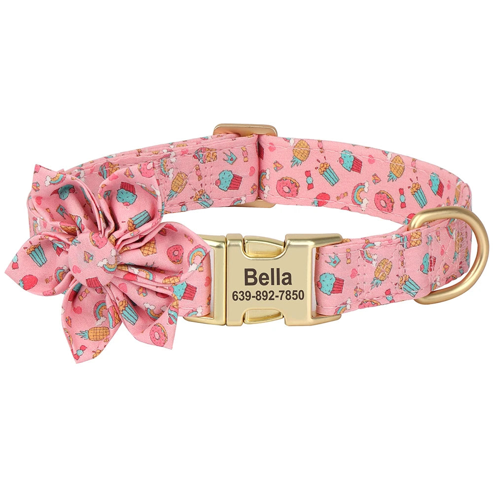 Personalized Dog Collar with Flower Print – Custom Engraved Nameplate | Adjustable Nylon Pet Collar for Small, Medium & Large Dogs