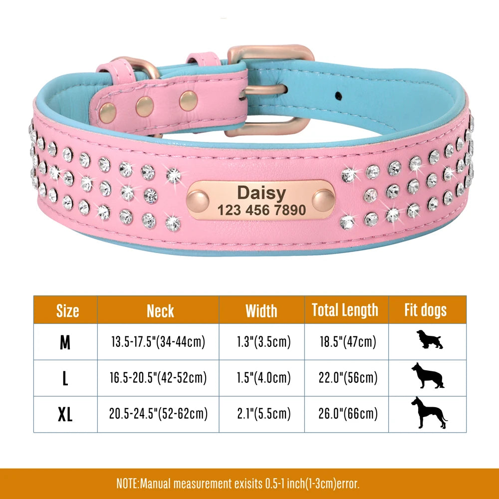 Personalized Dog Collar with Rhinestones – Custom Engraved Leather Pet ID Collar | Adjustable for Small, Medium & Large Dogs