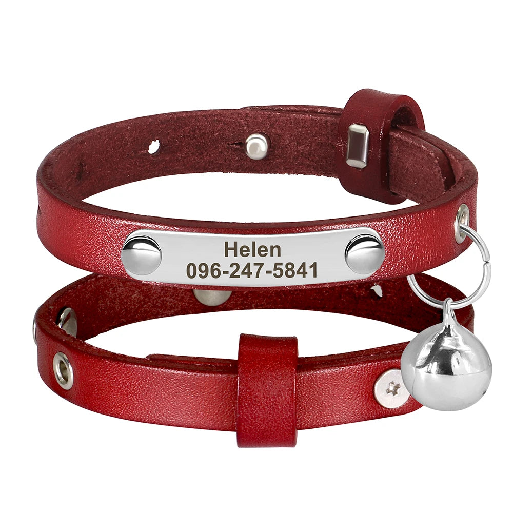 Personalized Leather Cat Collar – Adjustable Kitten & Puppy Collar with Free Engraved ID Tag