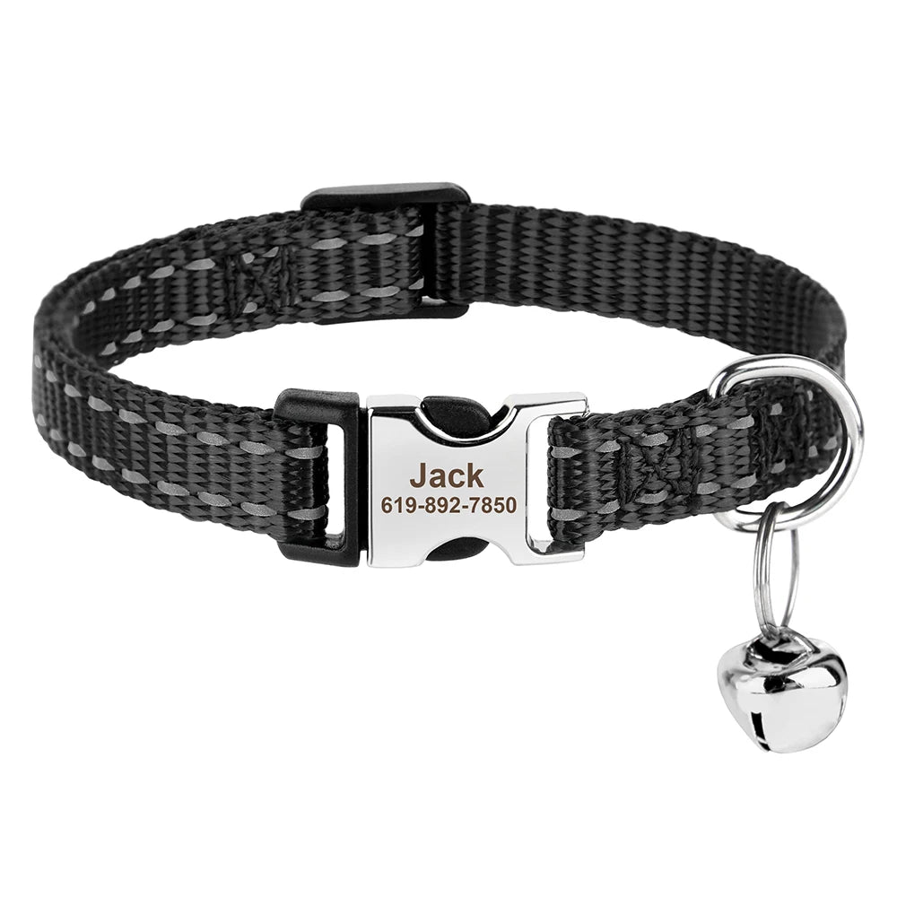 Reflective Personalized Nylon Dog & Cat Collar with Custom Engraved ID Tag & Bell – Adjustable Safety Collar for Small & Medium Pets