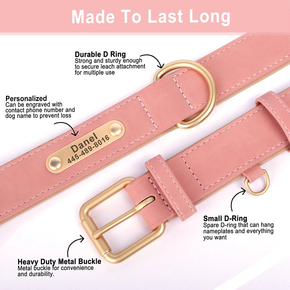 Custom PU Leather Dog Collar & Leash Set – Personalized Engraved Nameplate ID Tag for Small & Medium Dogs