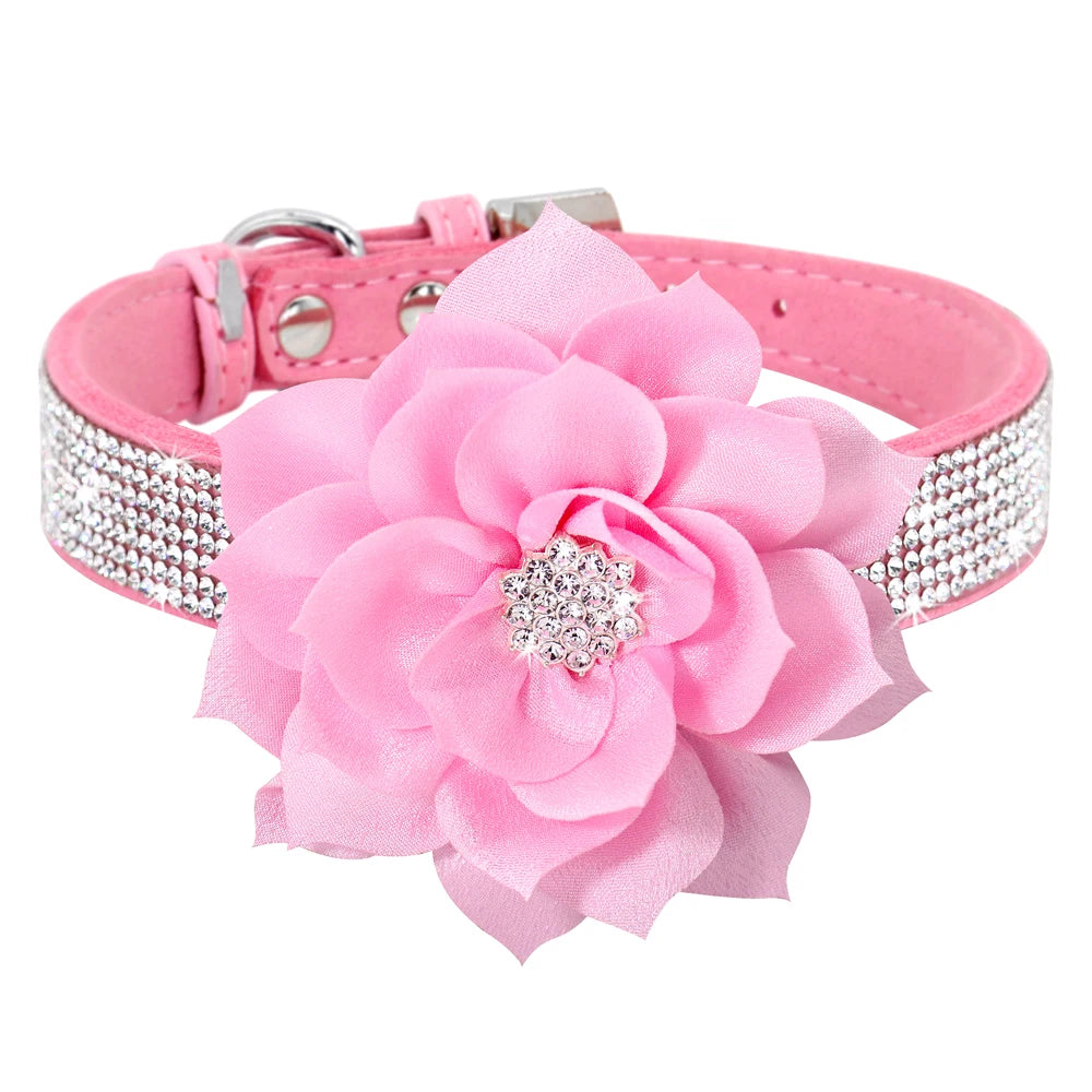 Bling Rhinestone Dog Collar with Flower – Sparkly Crystal Puppy & Cat Necklace for Chihuahua, Yorkie, Poodle