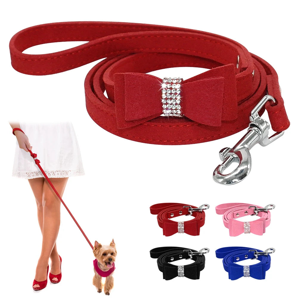 Suede Leather Dog Leash with Rhinestone Bowknot – Stylish Walking Lead for Small & Medium Dogs (Black, Red, Blue, Pink)