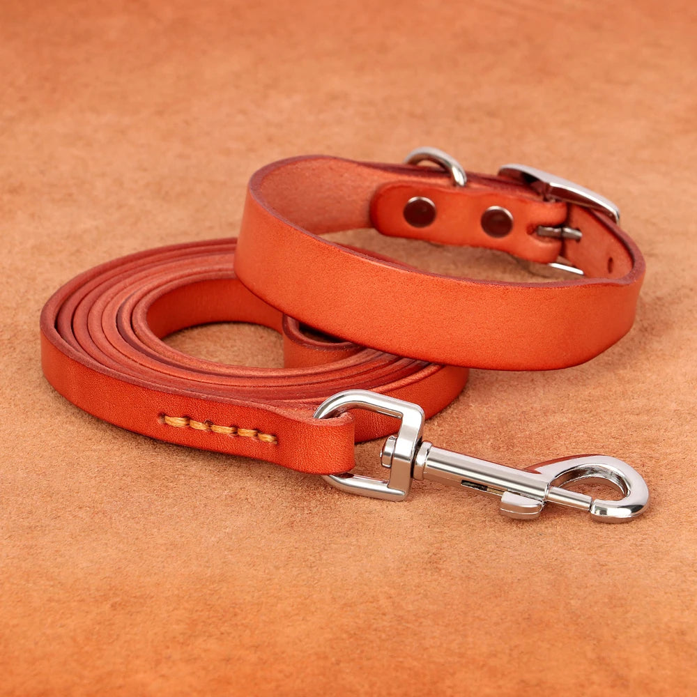 Genuine Leather Dog Collar & Leash Set – Adjustable for Small, Medium & Large Dogs and Cats (XS–XL)