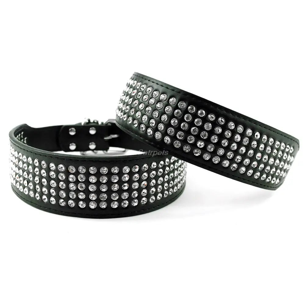 2" Width 5 Rows Rhinestone Dog Puppy Pet Collars – Bling Leather Diamante Collar XS–XL