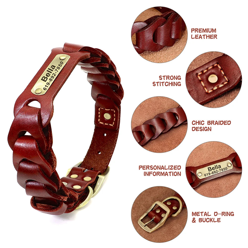 Custom Engraved Leather Dog Collar – Personalized Nameplate for Medium & Large Dogs
