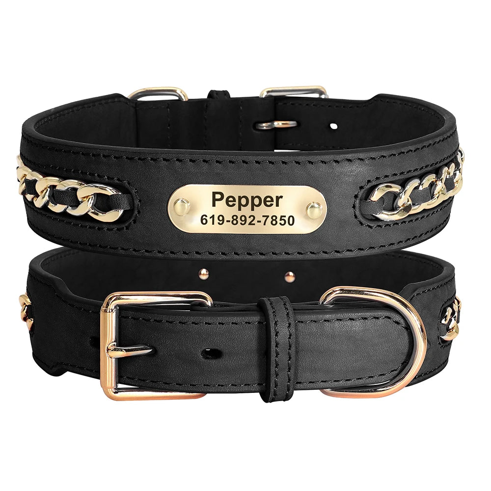 Personalized Leather Dog Collar – Custom Engraved Nameplate ID Tag for Small, Medium & Large Dogs
