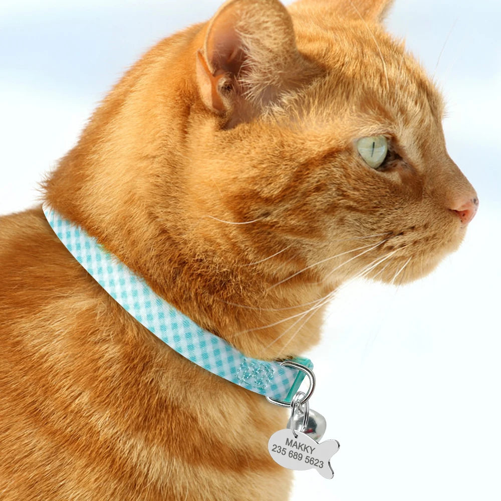 Personalized Cat Collar with Engraved Fish Tag – Adjustable Nylon Collar for Cats & Small Dogs