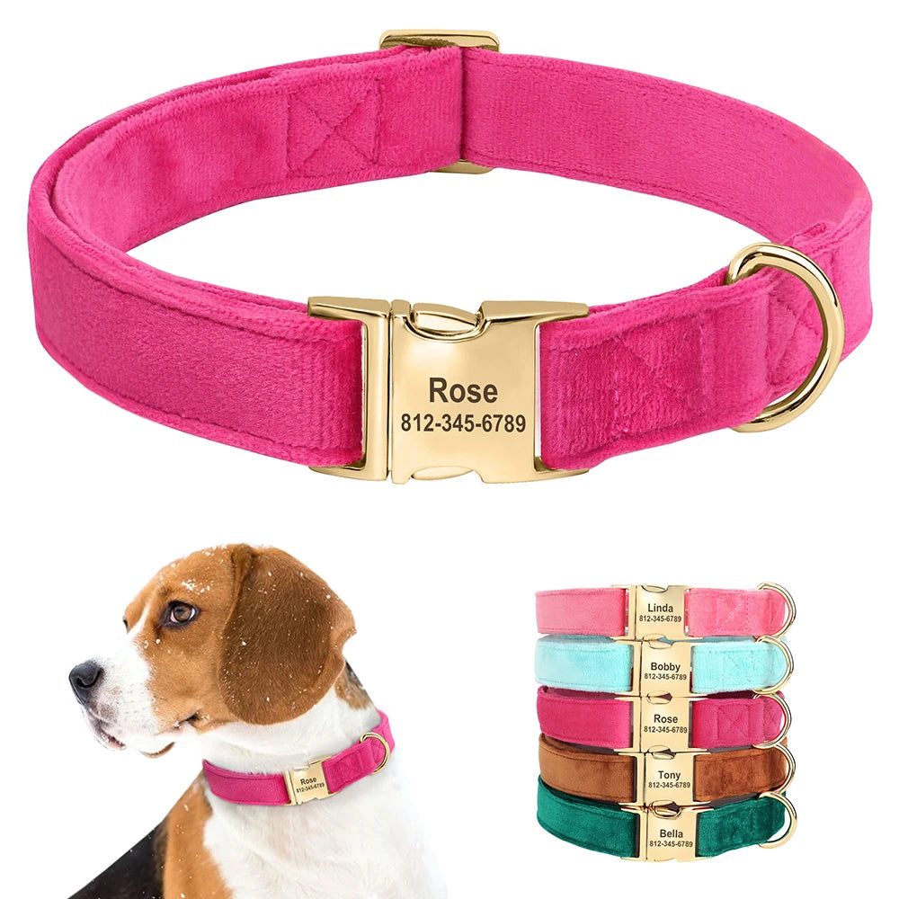 Custom Velvet Dog Collar – Personalized ID Tag – Adjustable for Small, Medium, and Large Dogs