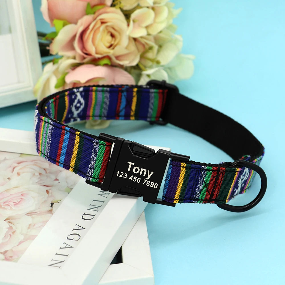 Personalized Nylon Dog Collar with Engraved Nameplate – Custom ID Tag for Small, Medium & Large Dogs