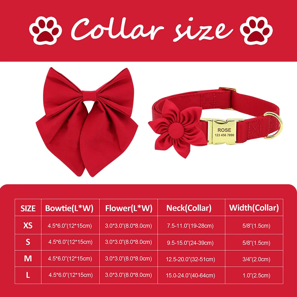Personalized Silk Dog Collar with Bowtie & Flower – Custom Engraved ID Tag | Adjustable Wedding Collar for Small, Medium & Large Dogs