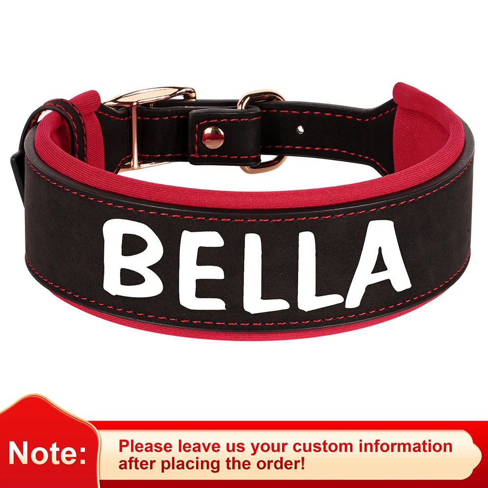 Custom Print Dog Collar – Wide Soft Padded PU Leather Name Collar for Medium & Large Dogs (Free Personalized Print)