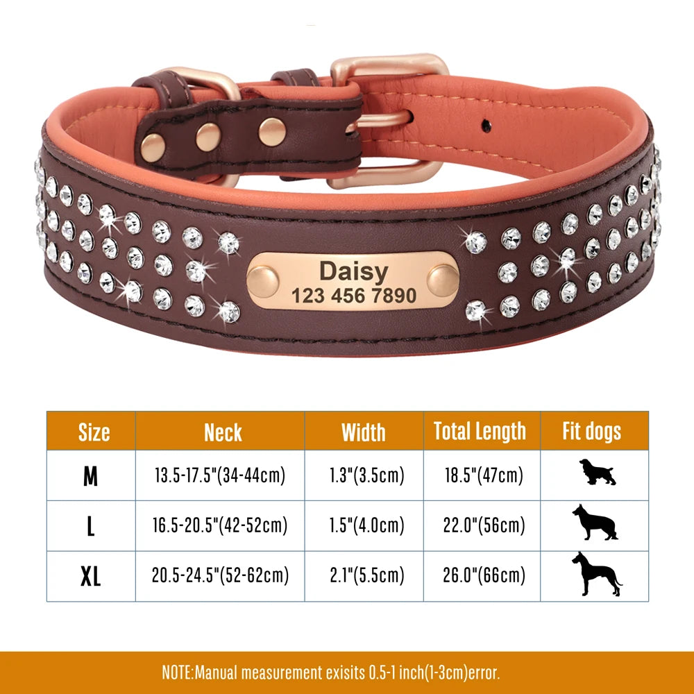 Personalized Dog Collar with Rhinestones – Custom Engraved Leather Pet ID Collar | Adjustable for Small, Medium & Large Dogs