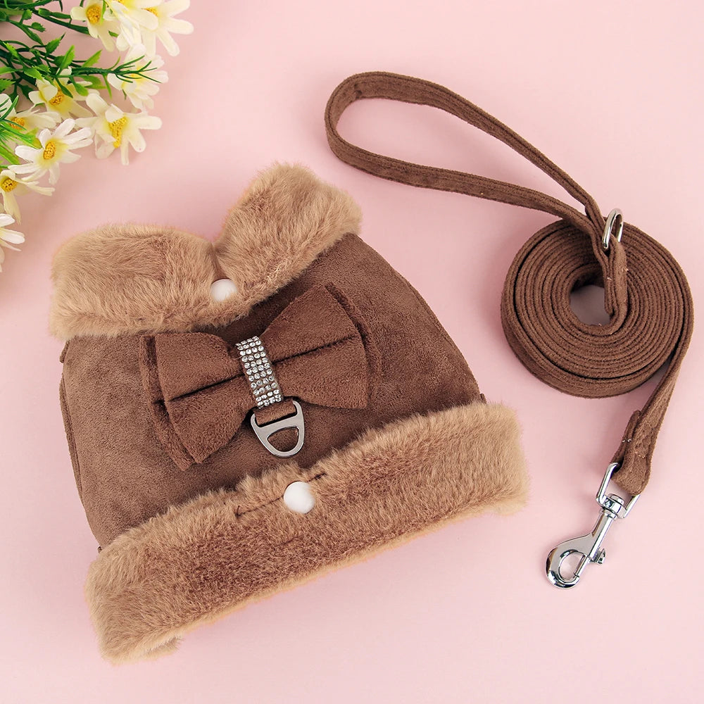 Warm Fur Dog Harness and Leash Set Rhinestone Bowknot Pet Vest Winter Pets Puppy Clothes Vest Small Dog Clothing French Bulldog