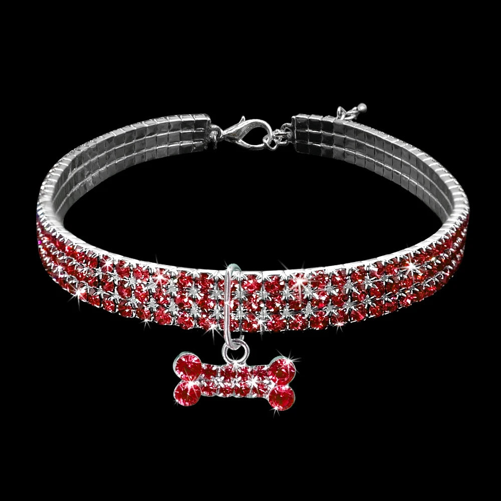 Bling Rhinestone Dog Collar with Crystal Bone Pendant – Adjustable Jewelry Necklace for Small & Medium Dogs (S/M/L, Pink/Blue/White)