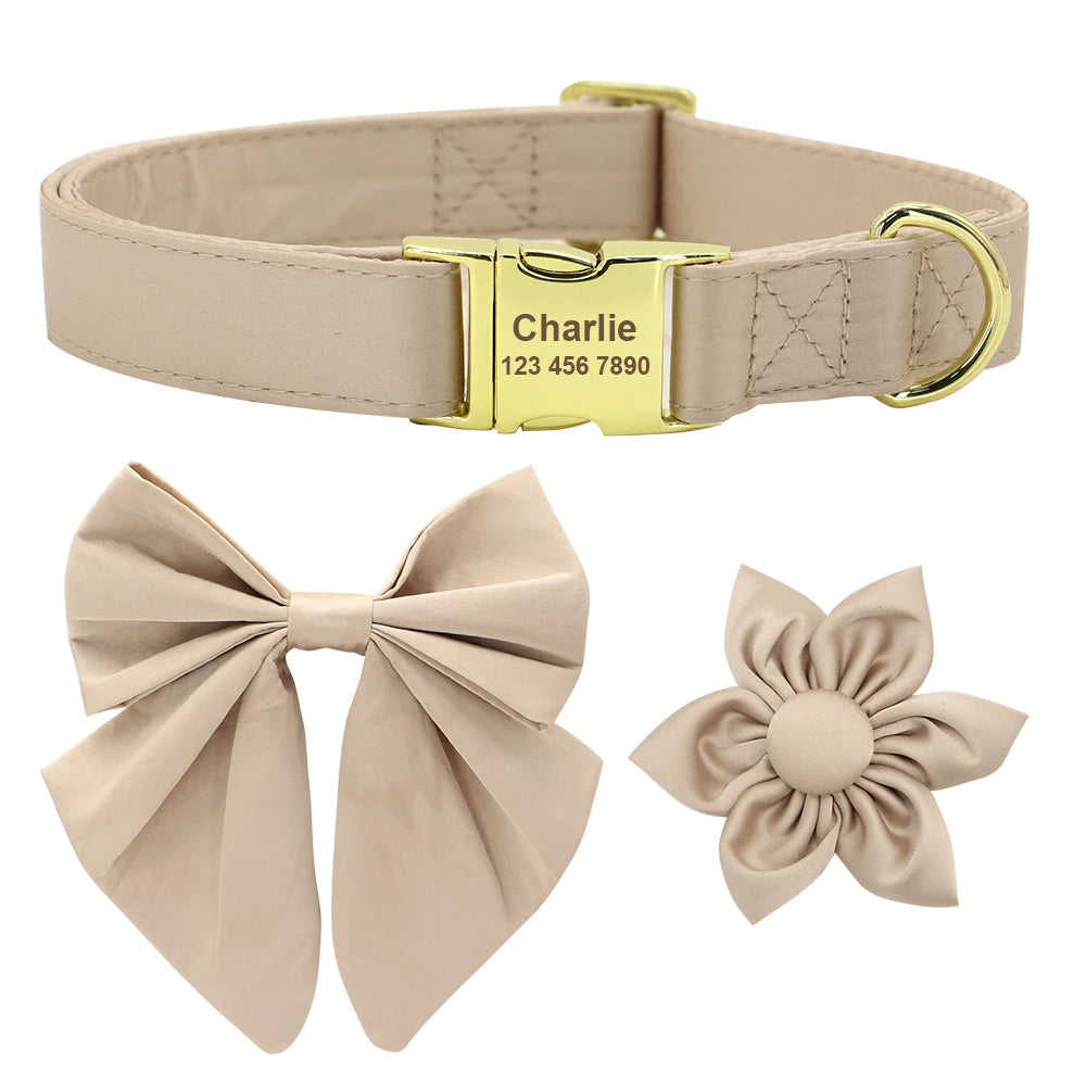 Personalized Silk Dog Collar with Bowtie & Flower – Custom Engraved ID Tag | Adjustable Wedding Collar for Small, Medium & Large Dogs