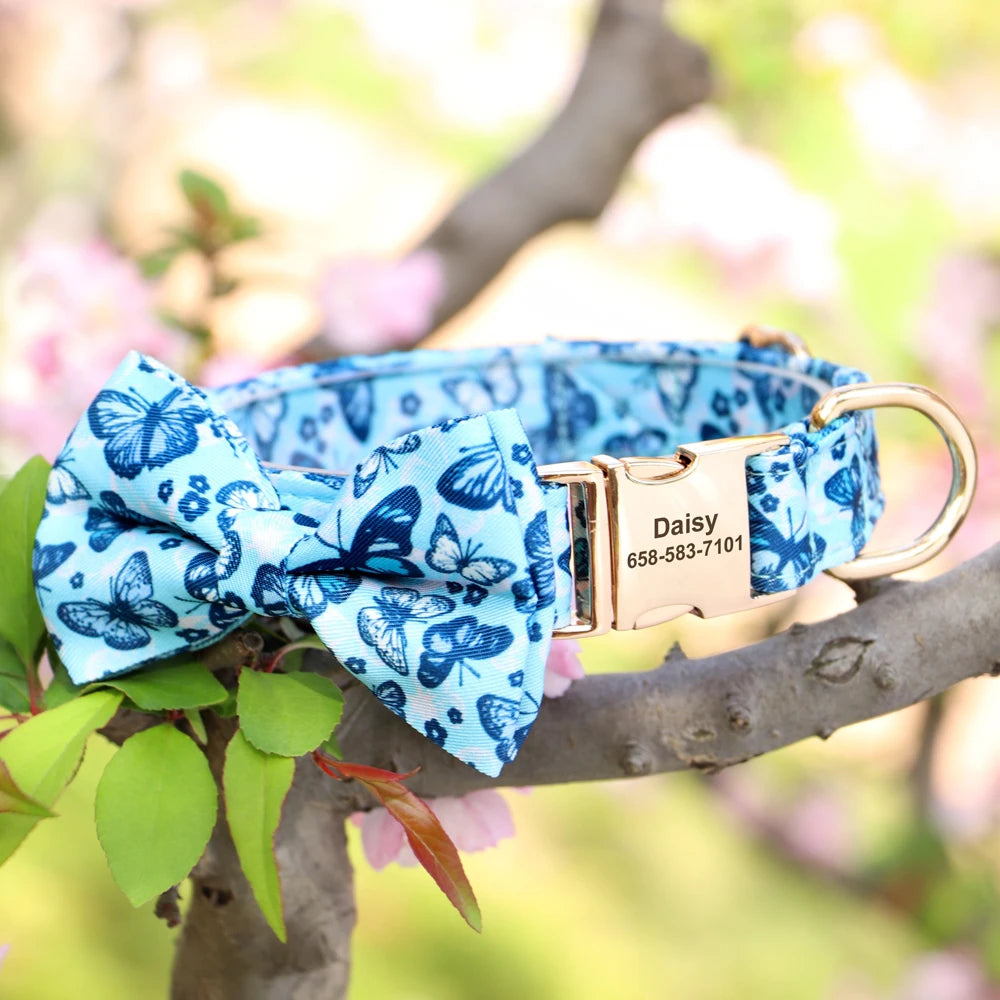 Custom Bowtie Dog Collar – Personalized Floral ID Tag with Engraved Name & Phone Number