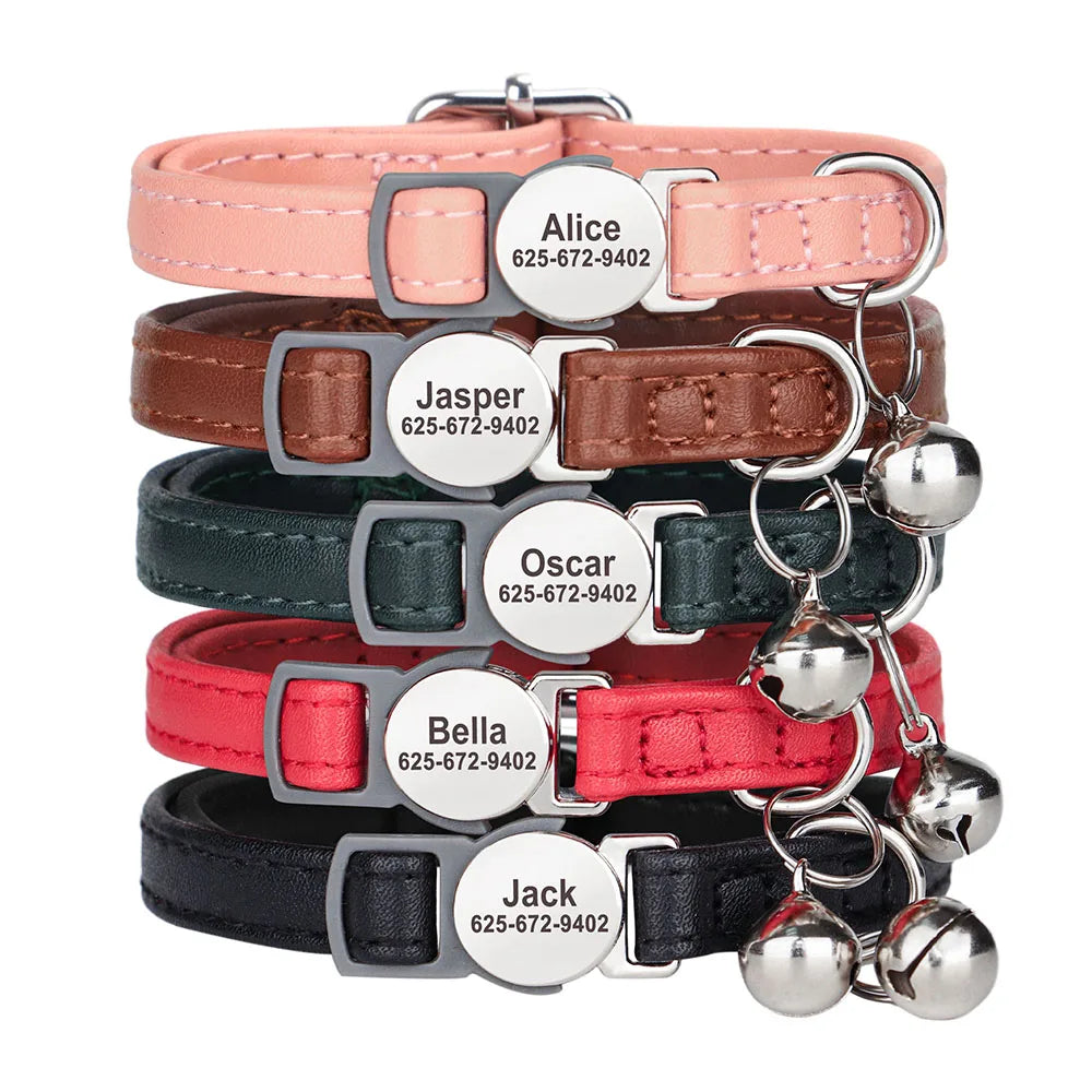 Personalized Cat Collar – PU Leather Adjustable Kitten & Puppy Collar with Engraved ID Nameplate & Bell, Anti-Lost Pet Collar