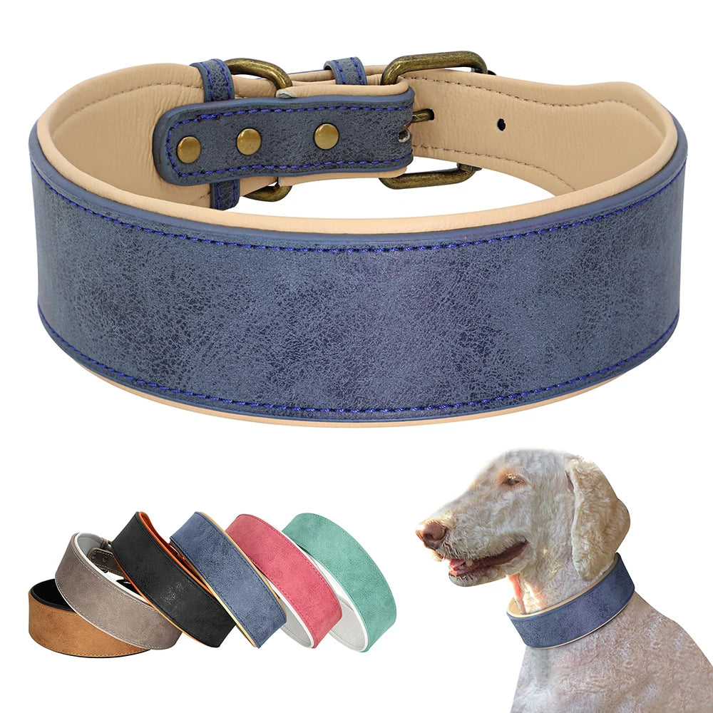 Wide Leather Dog Collar – Soft Padded Adjustable Collar for Medium & Large Dogs (Pitbull, German Shepherd, Bulldog)