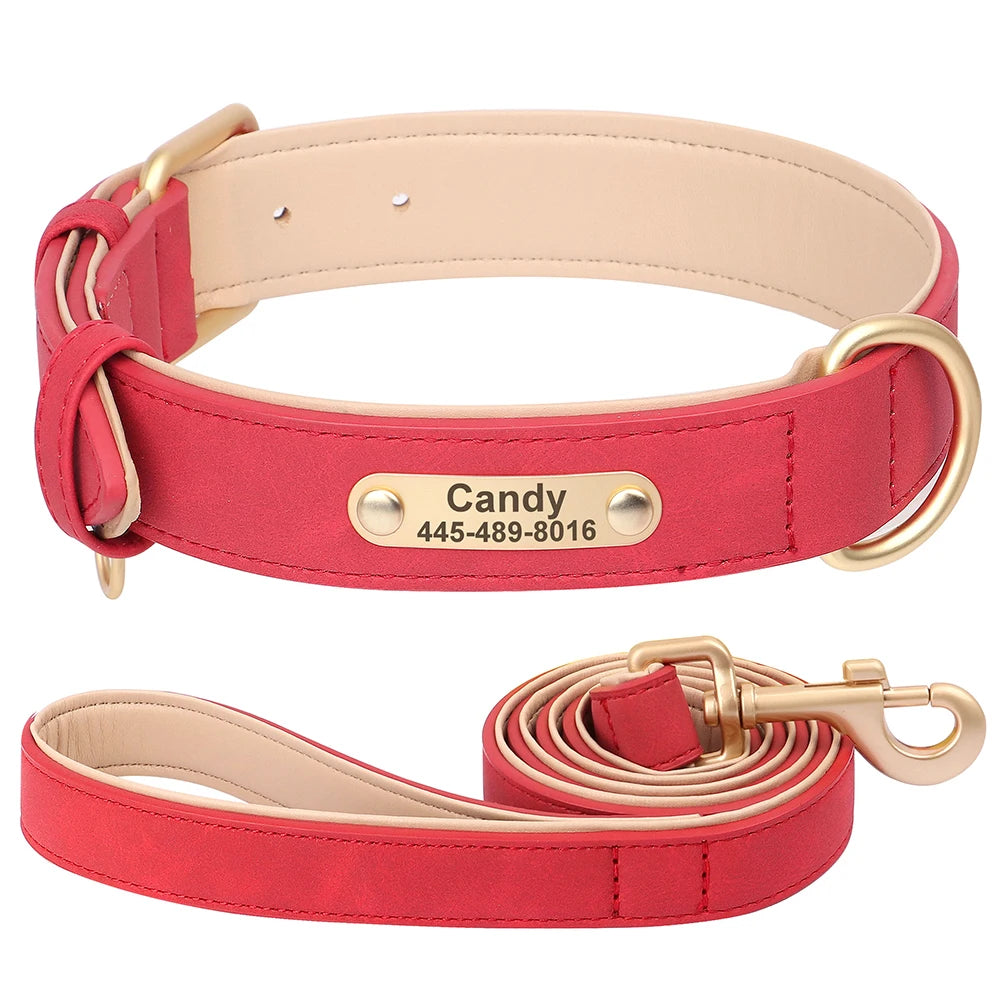 Custom PU Leather Dog Collar & Leash Set – Personalized Engraved Nameplate ID Tag for Small & Medium Dogs