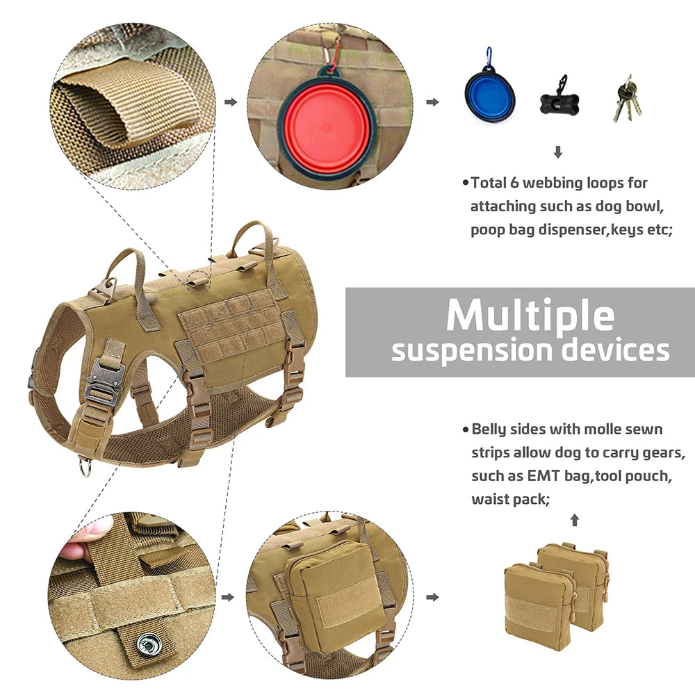 Tactical Military Dog Harness, Collar & Leash Set – Durable MOLLE Training Vest with Pouches & Flag for Large Dogs