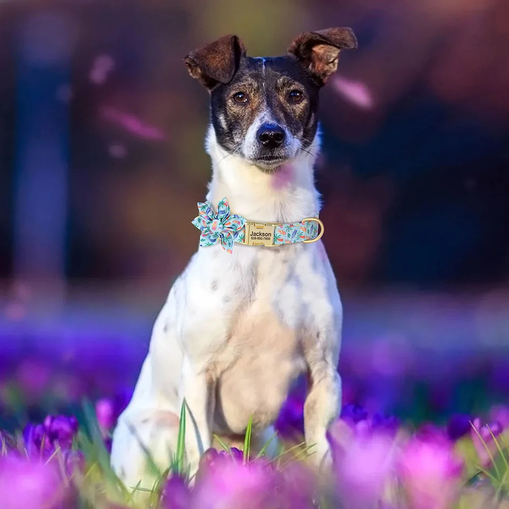 Personalized Dog Collar with Flower Print – Custom Engraved Nameplate | Adjustable Nylon Pet Collar for Small, Medium & Large Dogs