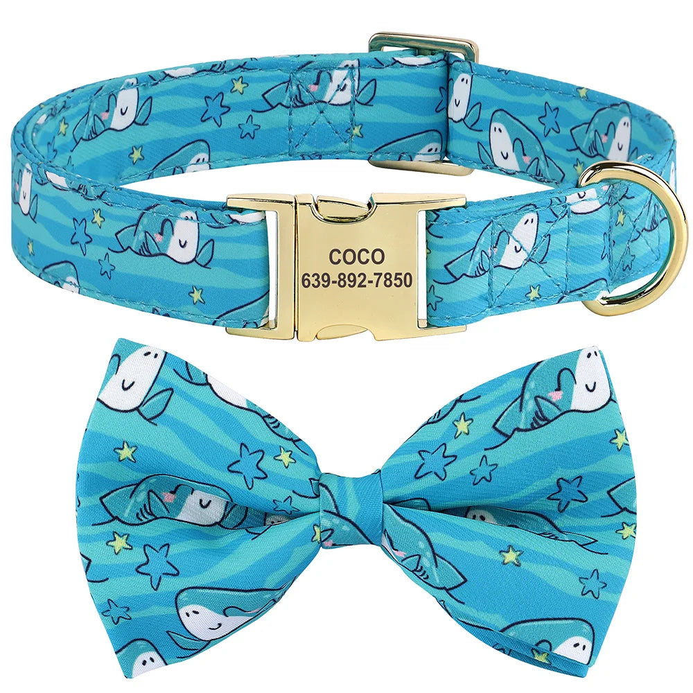Personalized Flower Dog Collar with Bowtie – Free Engraving, Adjustable Sizes