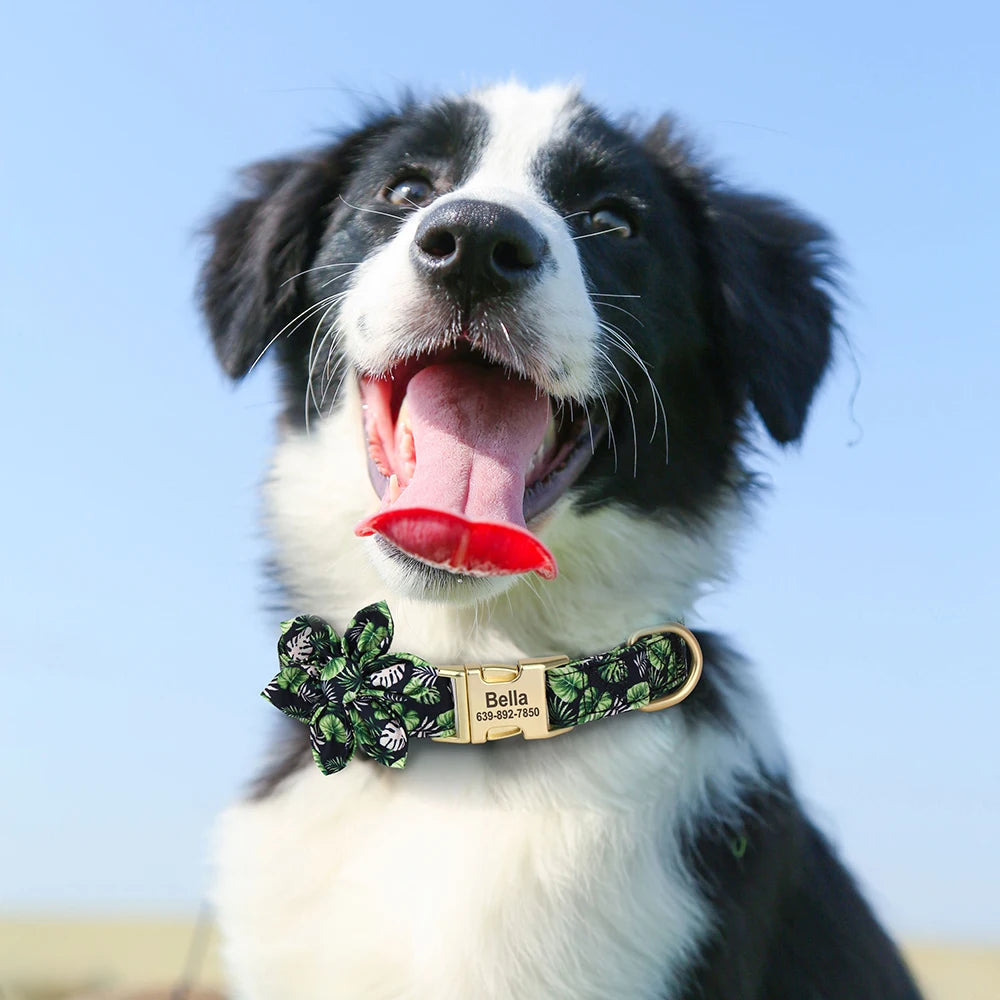 Personalized Dog Collar with Flower Print – Custom Engraved Nameplate | Adjustable Nylon Pet Collar for Small, Medium & Large Dogs