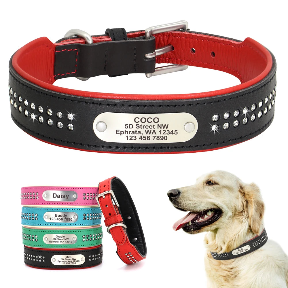 Personalized Dog Collar with Rhinestones – Custom Engraved Leather Pet ID Collar | Adjustable for Small, Medium & Large Dogs