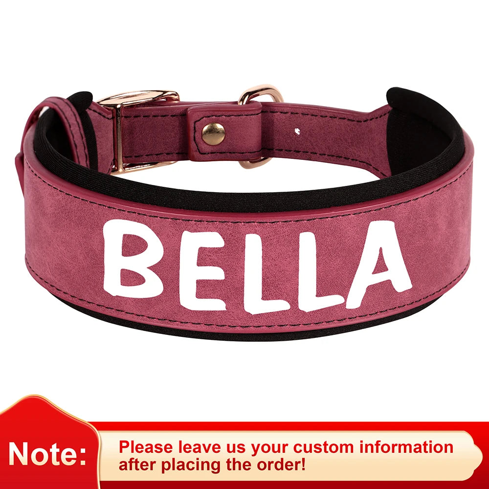 Custom Print Dog Collar – Wide Soft Padded PU Leather Name Collar for Medium & Large Dogs (Free Personalized Print)