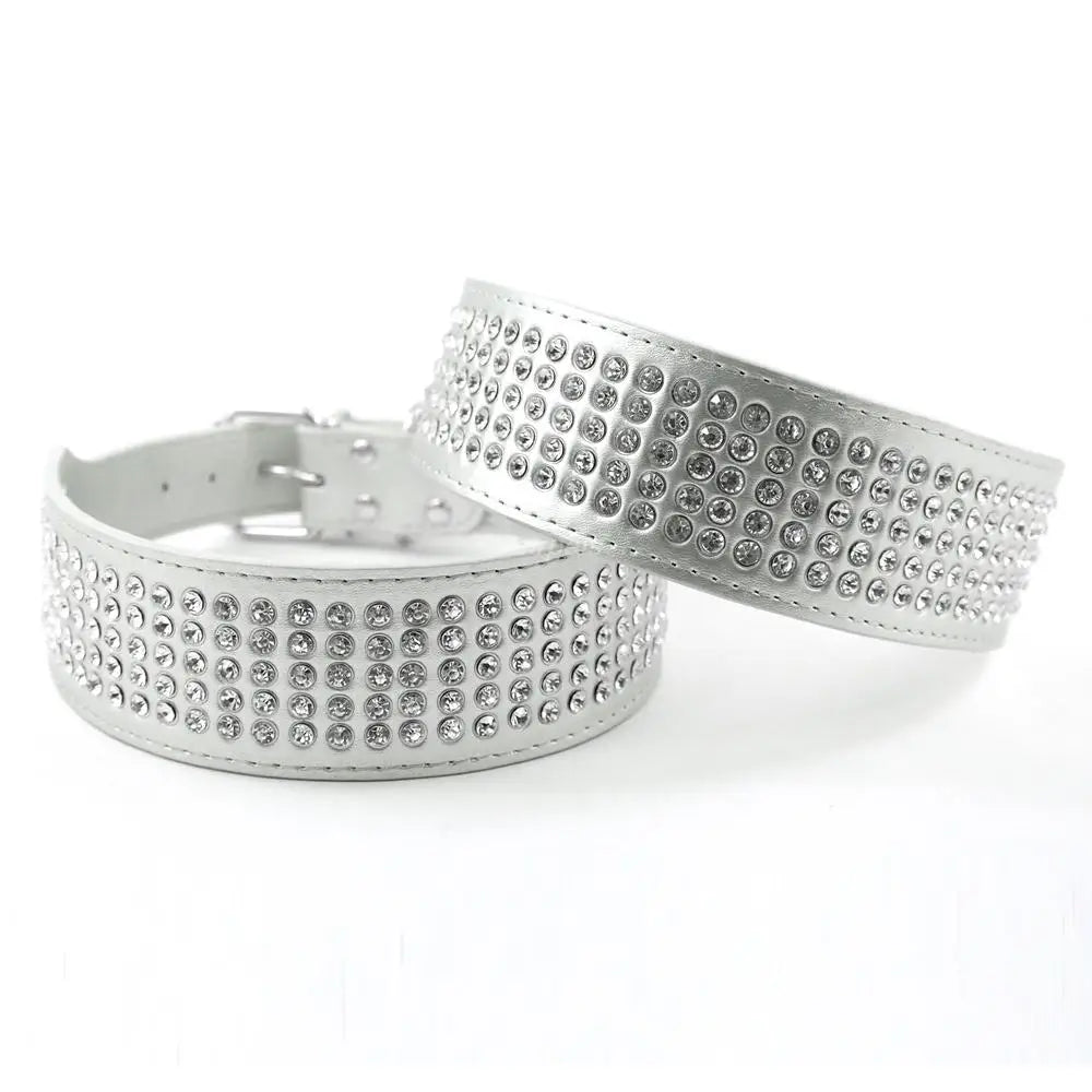 2" Width 5 Rows Rhinestone Dog Puppy Pet Collars – Bling Leather Diamante Collar XS–XL
