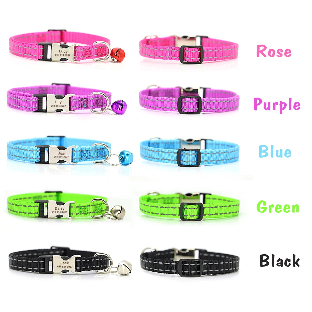 Personalized Pet Cat Collar Reflective Nylon Puppy Cat Collars Custom Engraved Pet Kitten Collar With Bell For Small Dogs Cats