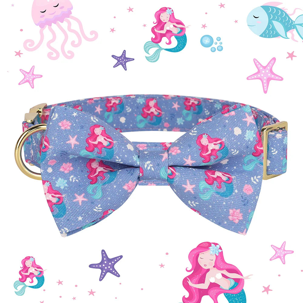 Personalized Flower Dog Collar with Bowtie – Free Engraving, Adjustable Sizes