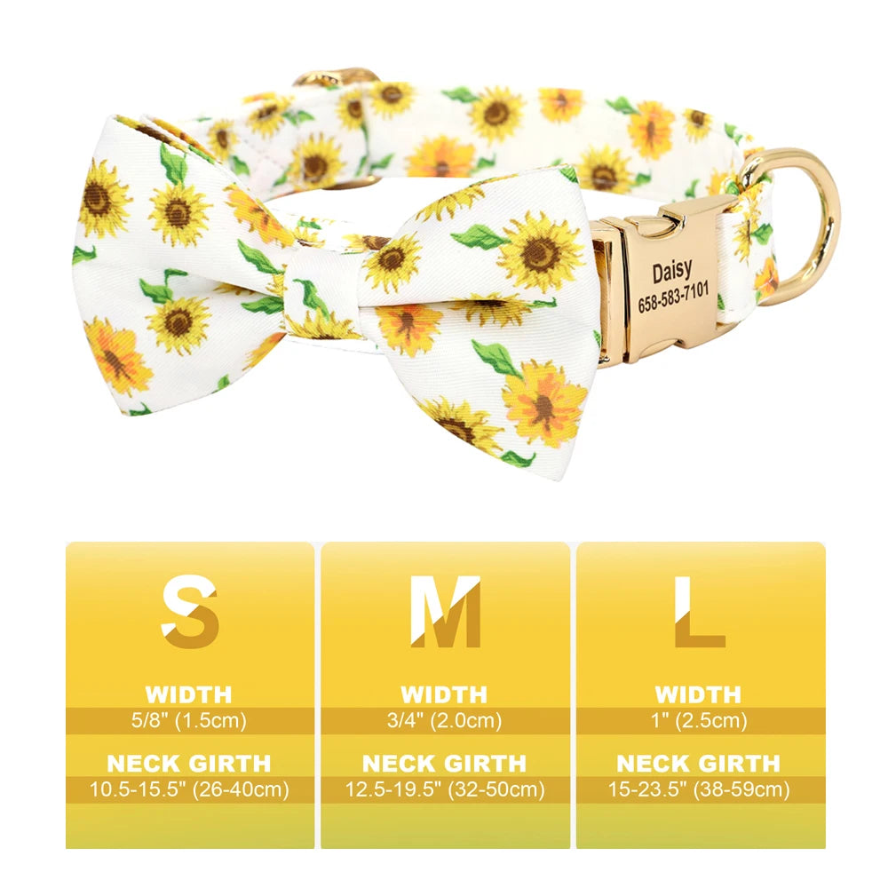 Custom Bowtie Dog Collar – Personalized Floral ID Tag with Engraved Name & Phone Number