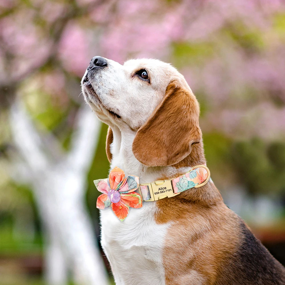 🌸 Personalized Floral Nylon Dog Collar with Free Engraving – Adjustable for Small, Medium, Large Dogs