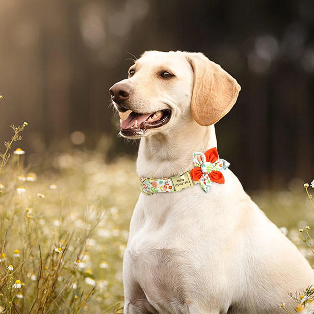 Personalized Dog Collar with Flower Print – Custom Engraved Nameplate | Adjustable Nylon Pet ID Collar for Small, Medium & Large Dogs