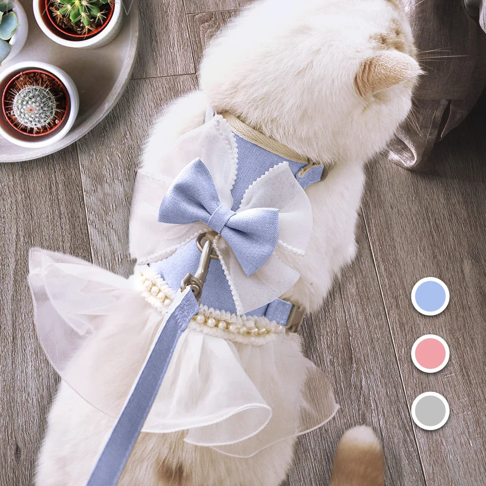 Princess Dog Cat Harness And Leash Set Lace Bowknot Pet Harness Chest Strap Dress For Fashion Chihuahua Cats Accessories