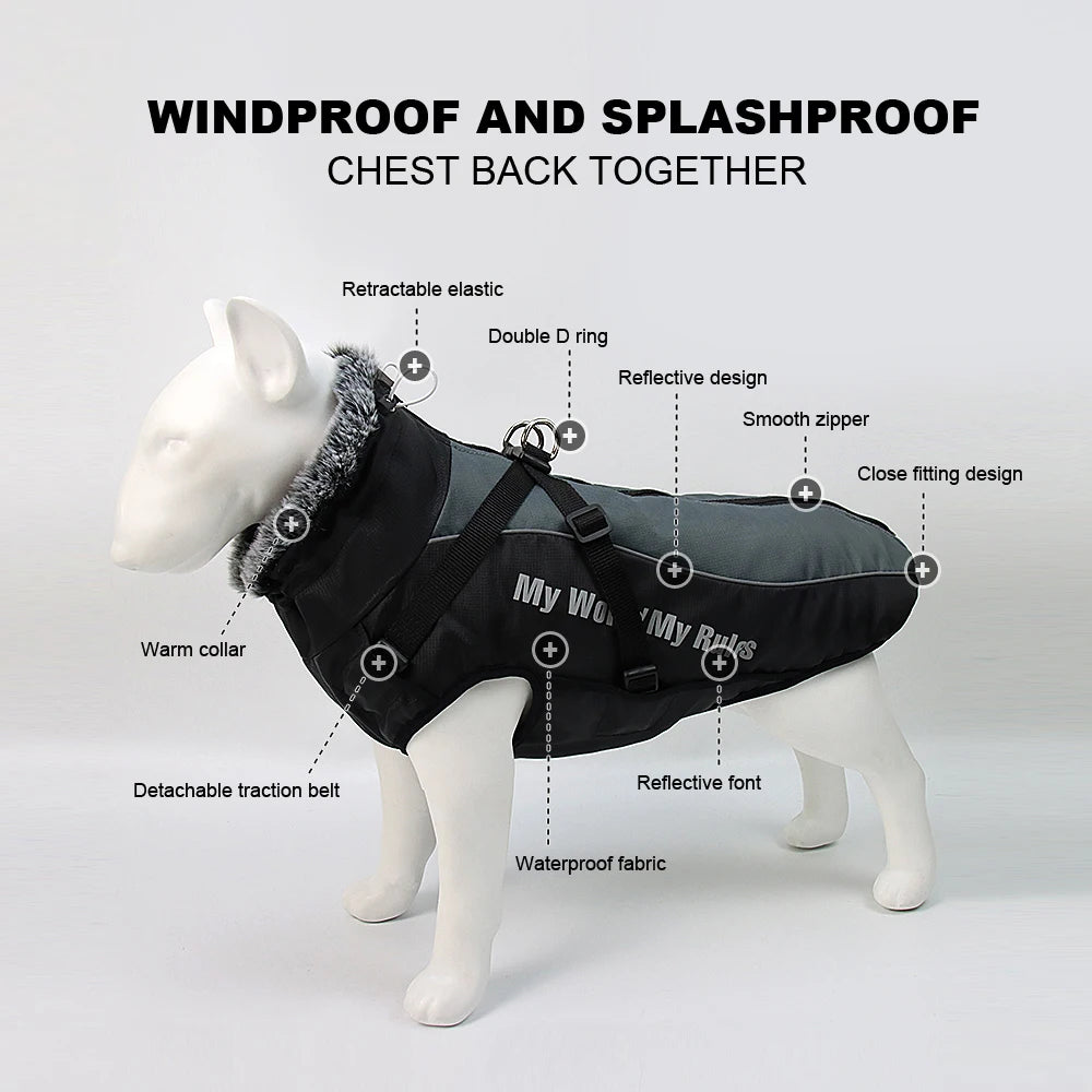 Warm Waterproof Dog Coat with Built-In Harness – Winter Jacket for Medium & Large Breeds