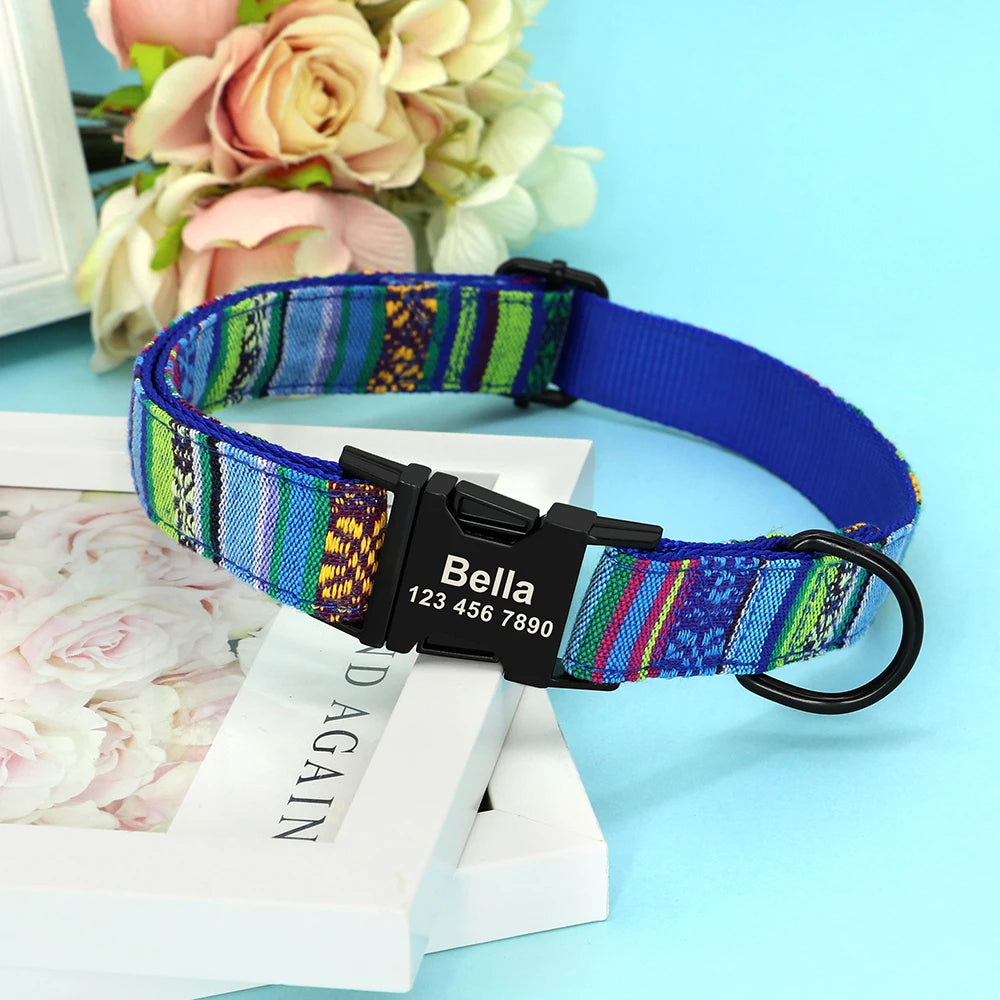 Personalized Nylon Dog Collar with Engraved Nameplate – Custom ID Tag for Small, Medium & Large Dogs
