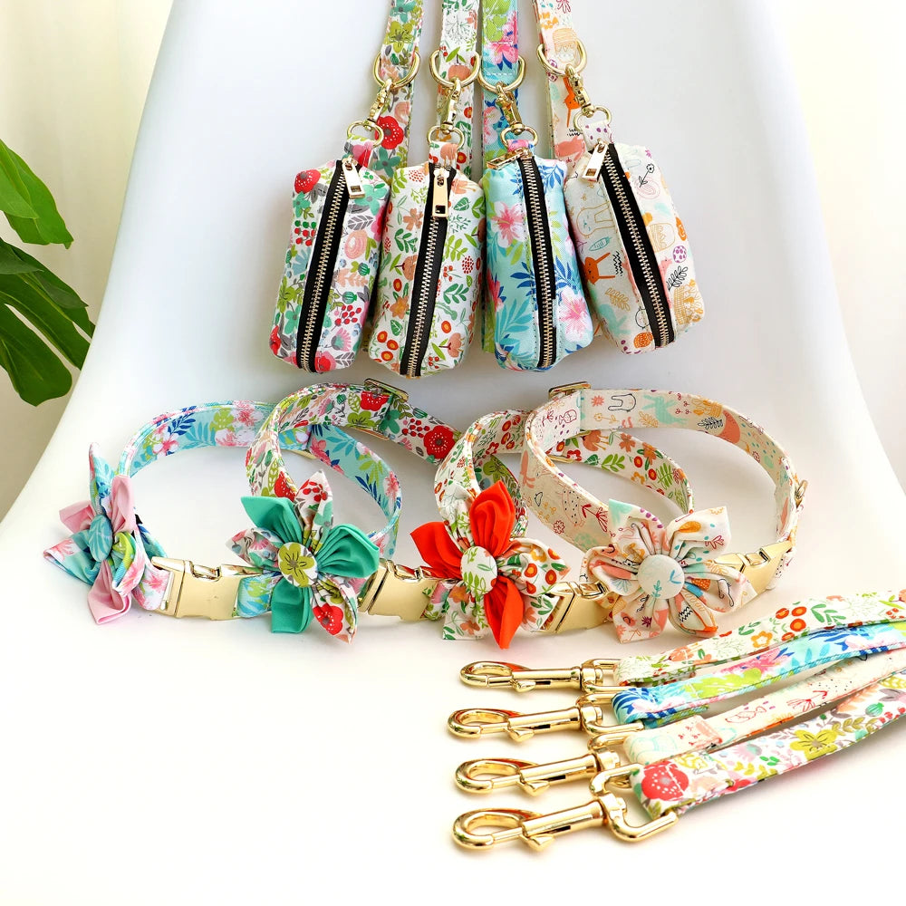 🌸 Personalized Floral Dog Collar, Leash & Poop Bag Set – Custom Name ID Tag – Adjustable for Small, Medium & Large Dogs