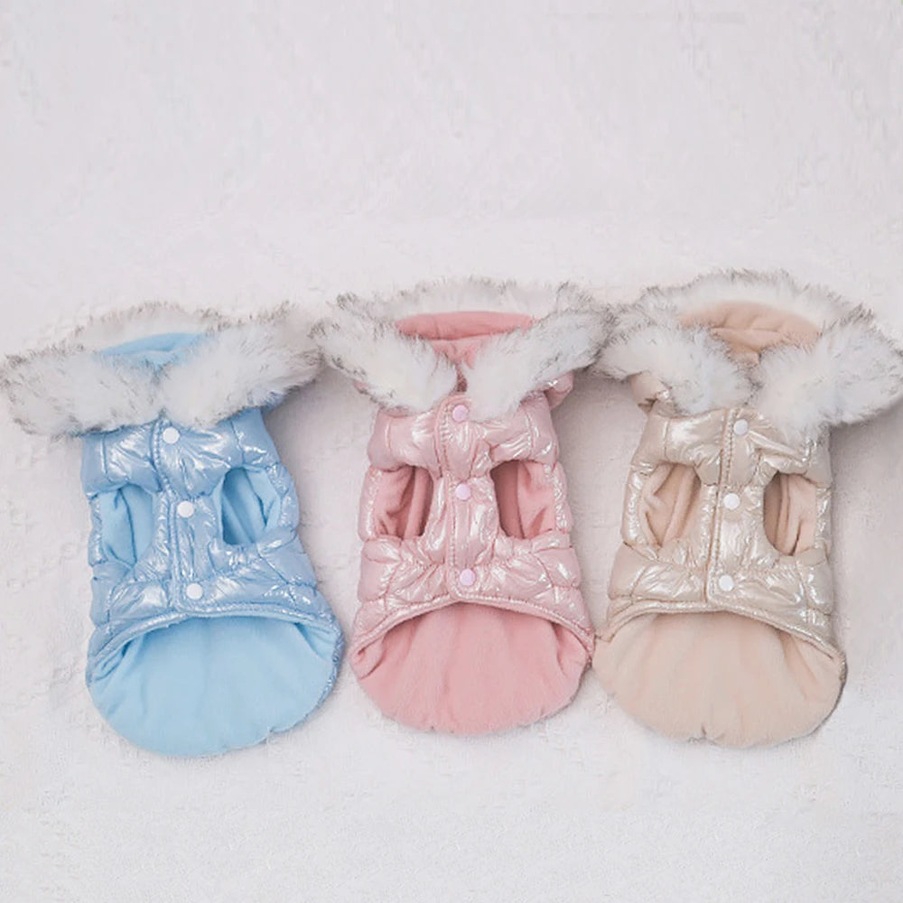 Warm Dog Clothes – Thick Cotton Winter Jacket with Fur Hood for Small & Medium Dogs