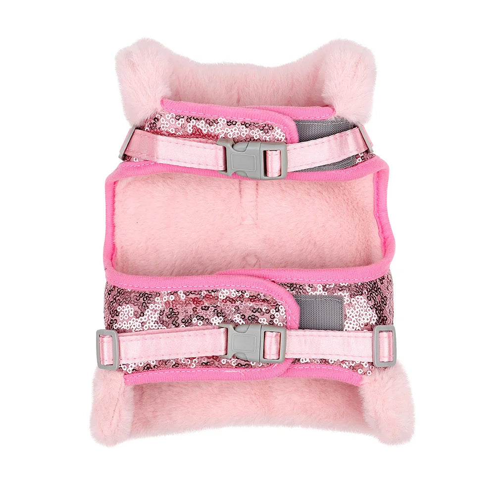 Warm Winter Dog Harness – Bling Rhinestone Fur Vest with Bowtie for Small & Medium Dogs and Cats