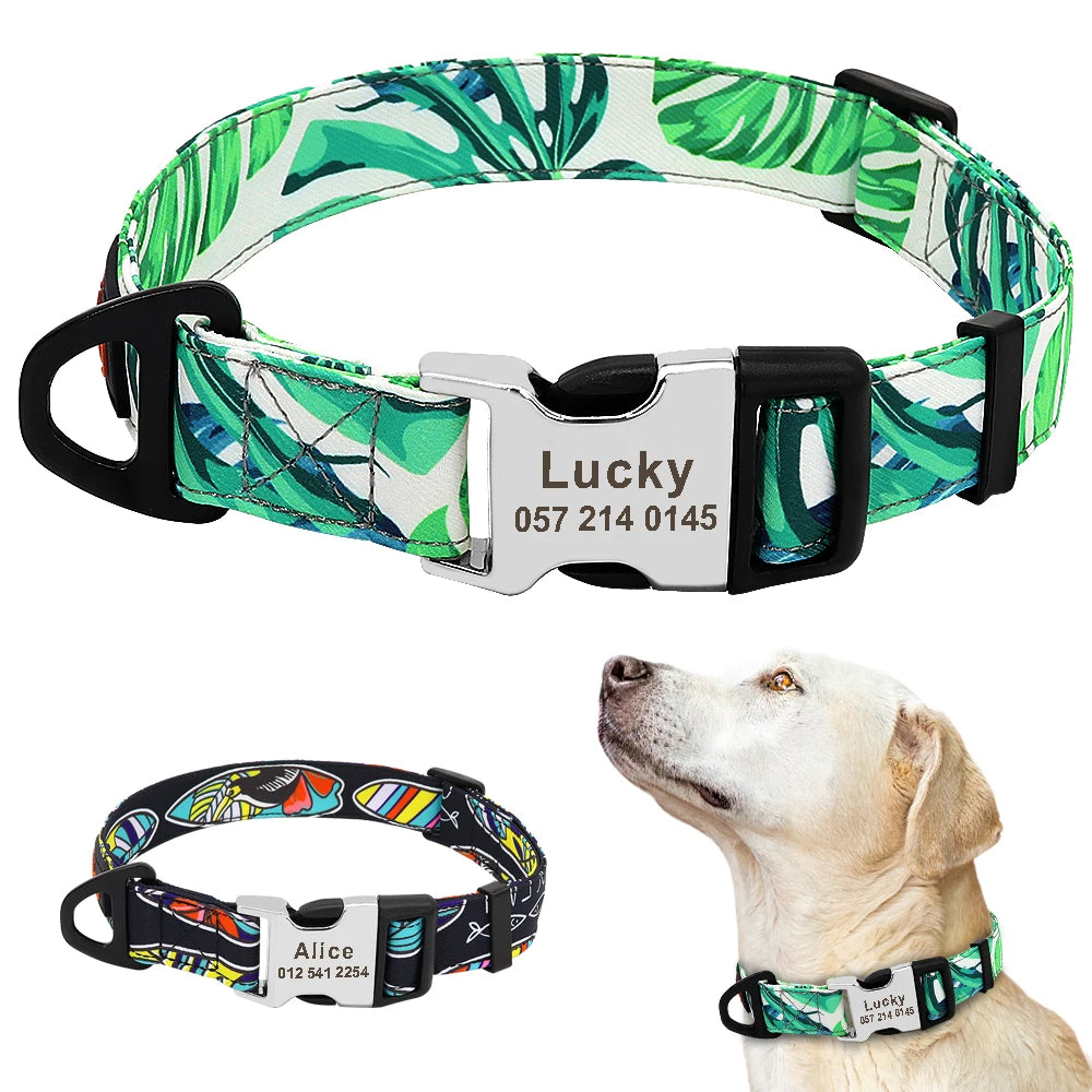 Personalized Nylon Dog Collar with Engraved Nameplate – Custom ID Tag for Small, Medium & Large Dogs