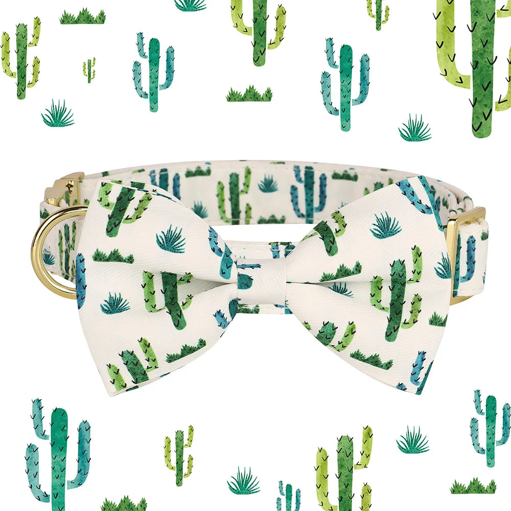 Personalized Flower Dog Collar with Bowtie – Free Engraving, Adjustable Sizes