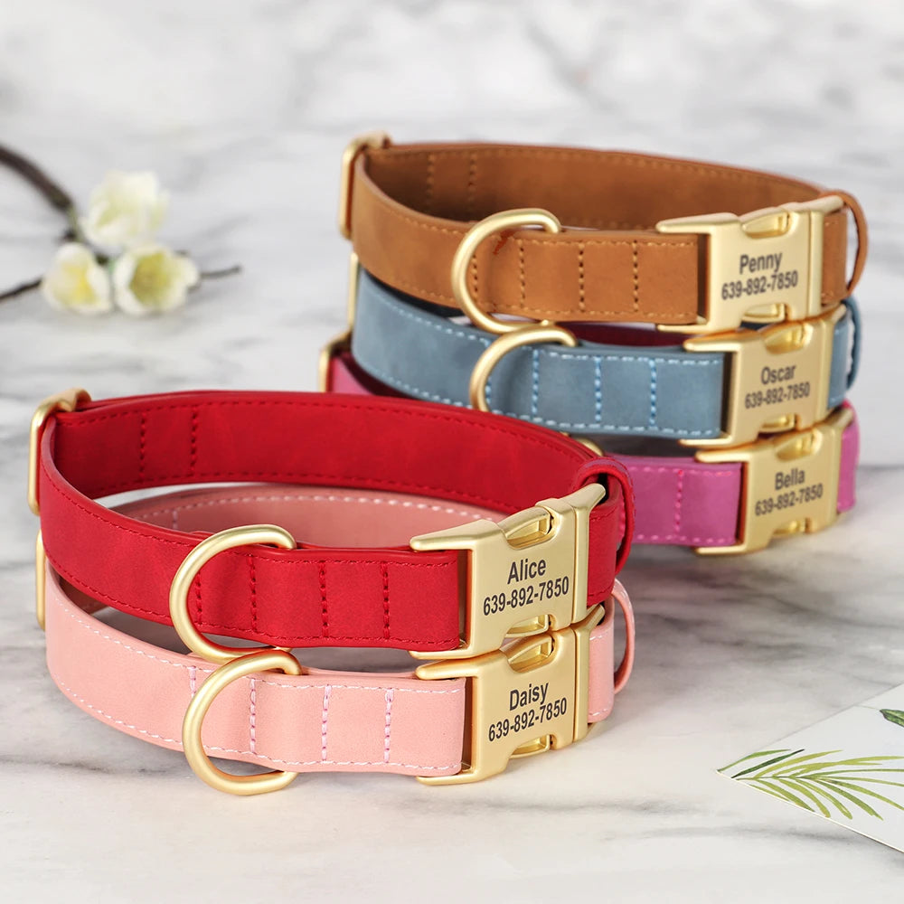 Custom Engraved PU Leather Dog Collar – Anti-Lost ID Tag Included