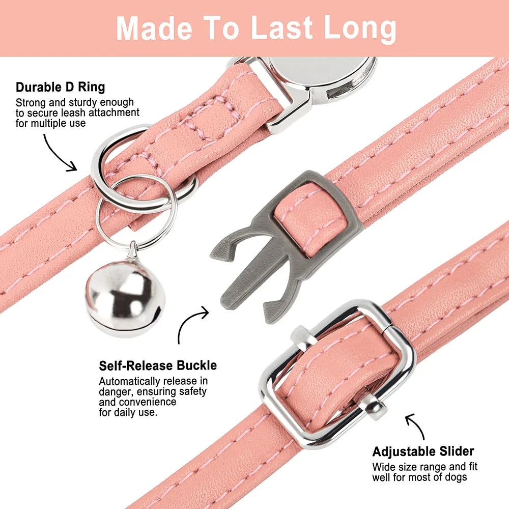 Personalized Cat Collar – PU Leather Adjustable Kitten & Puppy Collar with Engraved ID Nameplate & Bell, Anti-Lost Pet Collar