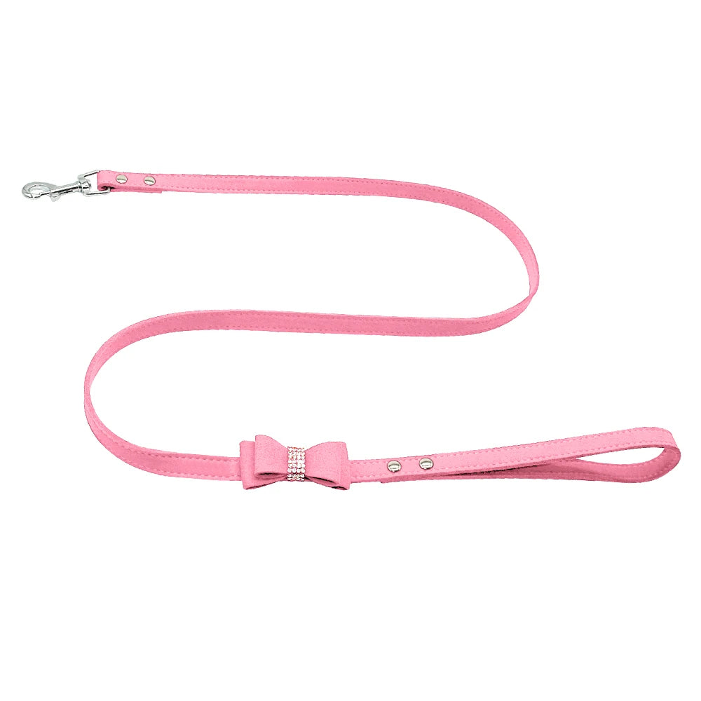 Suede Leather Dog Leash with Rhinestone Bowknot – Stylish Walking Lead for Small & Medium Dogs (Black, Red, Blue, Pink)