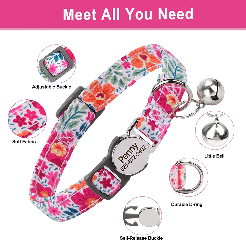 Personalized Cat/Puppy Collar with Engraved Nameplate & Bell – Adjustable Floral Design (Blue, Green, Pink, Red, Rose)