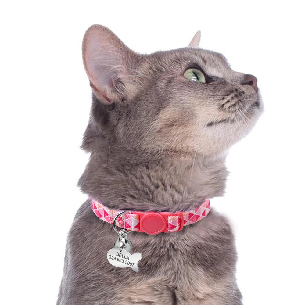Personalized Cat Collar with Engraved Fish Tag – Adjustable Nylon Collar for Cats & Small Dogs